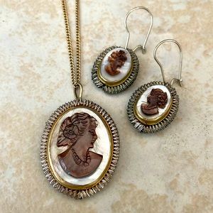Beautiful Earth Tone Color Cameo Necklace and Earrings Set